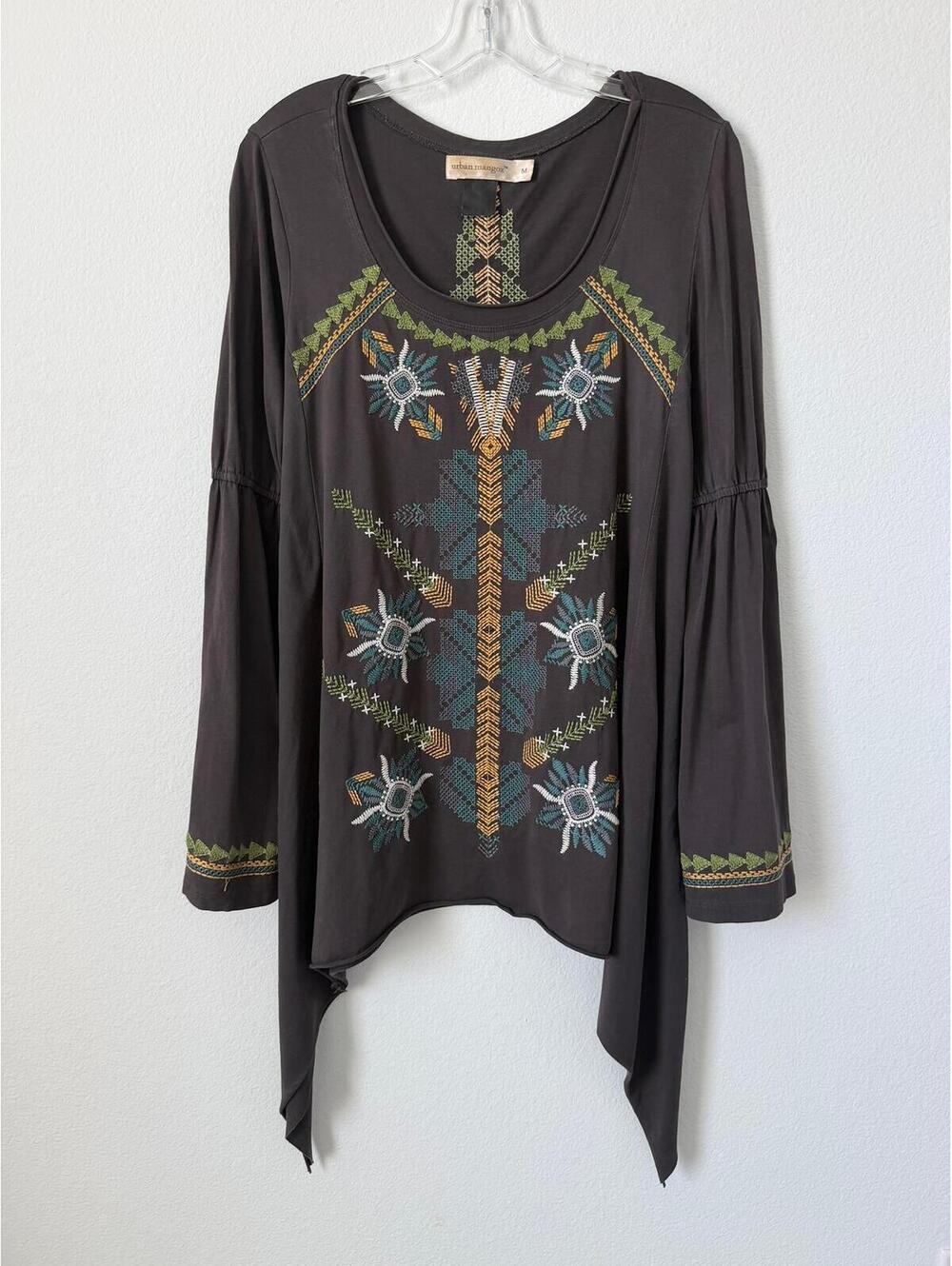 Urban Mangoz Embroidered Long Sleeve Scoop Neck Boho Tunic Blouse Size L ?
